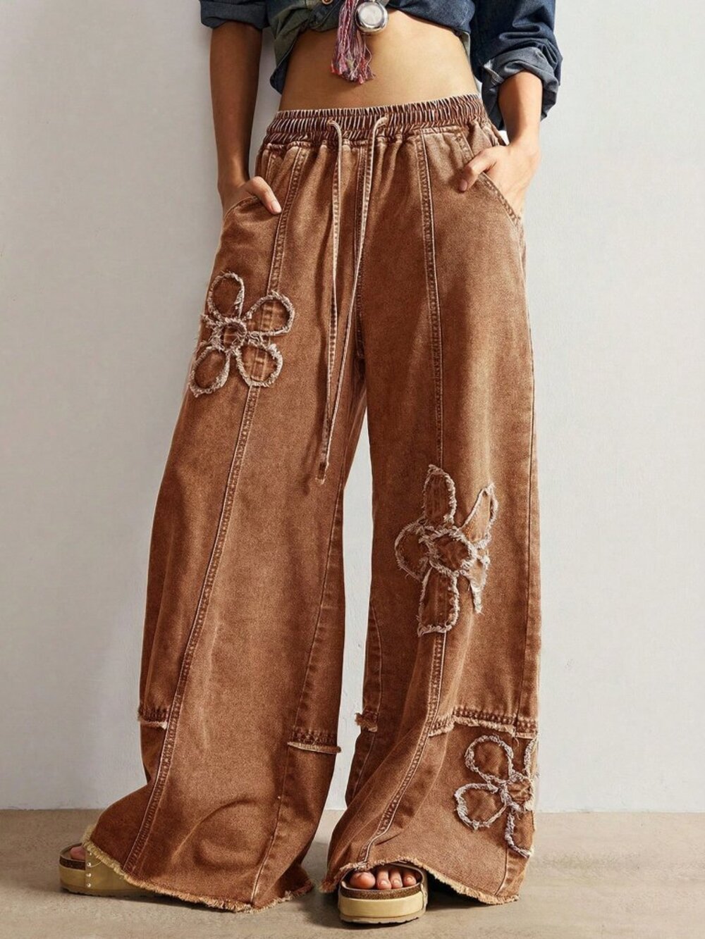 Brown Casual Women's Wide Leg Pants With Plant Patches And Pockets - Picture 3 of 9